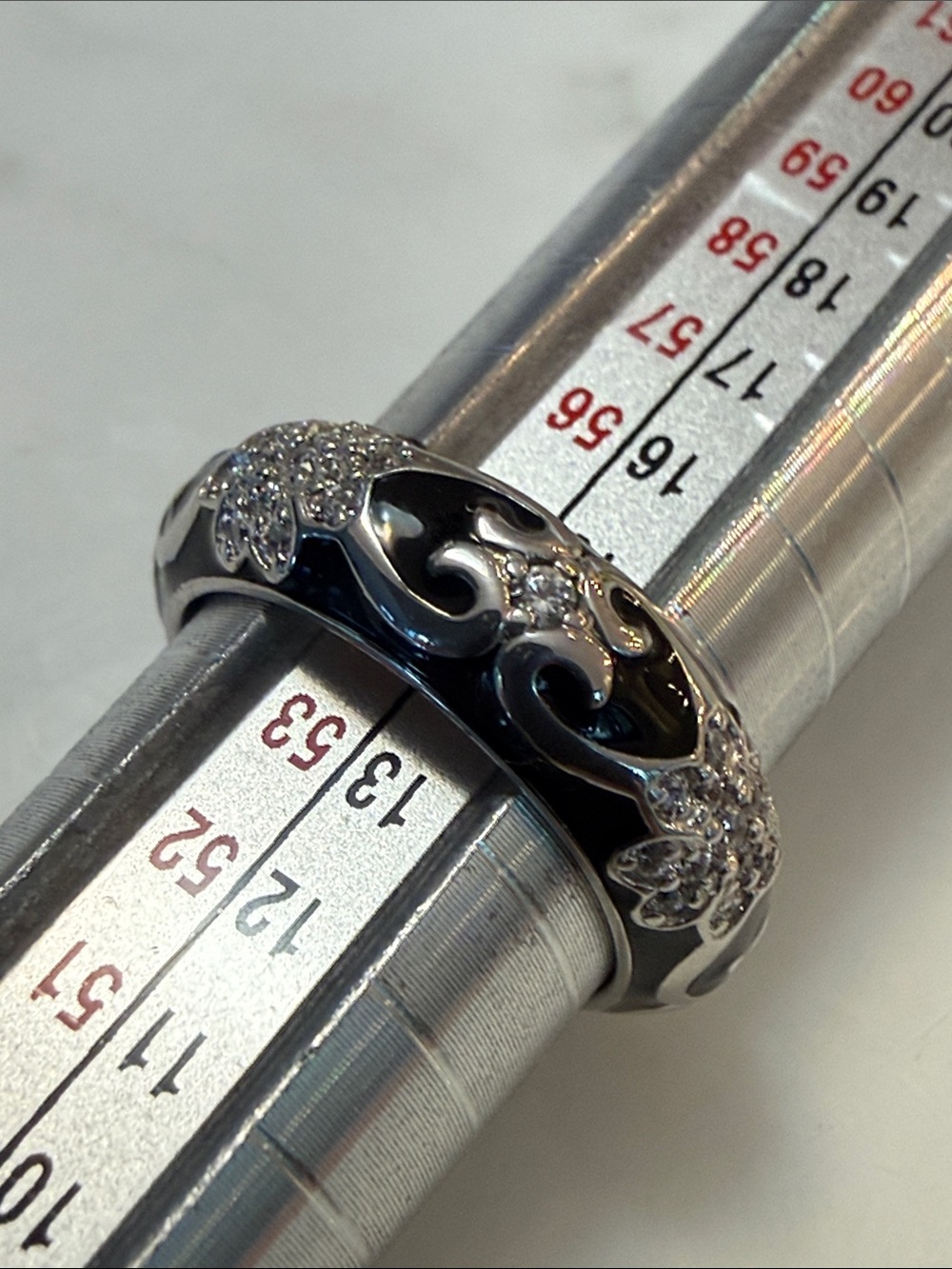 Hidalgo black enamel, silver, and CZ ring